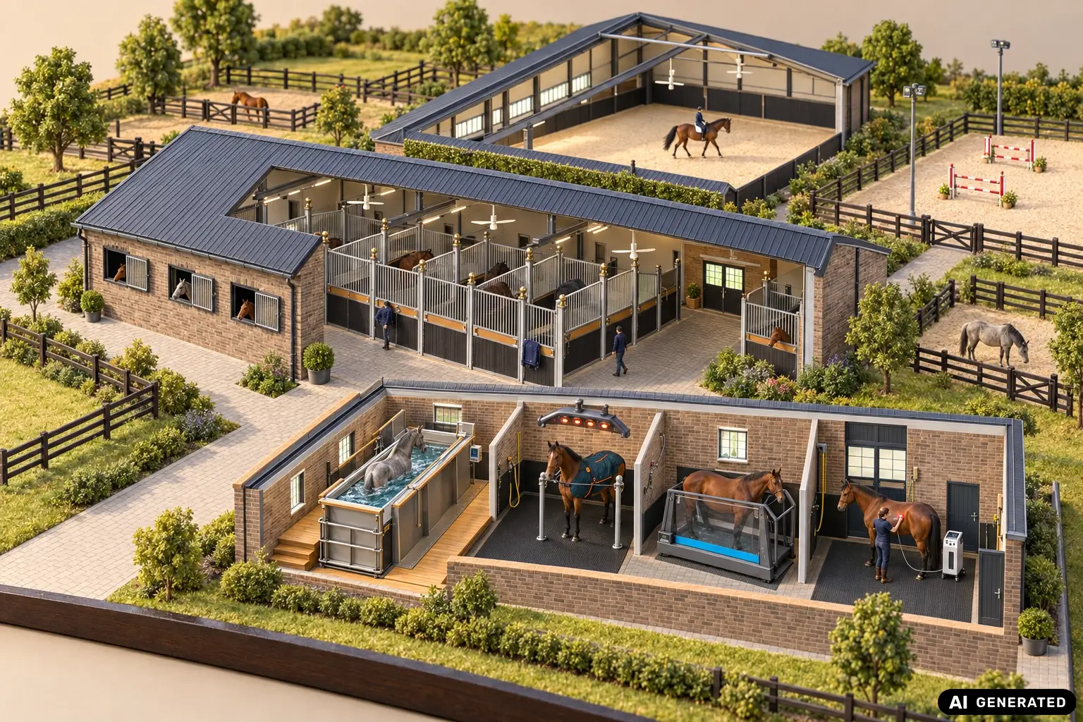 Illustrative 3D-Ansicht unseres Pferdecenters mit Stallungen, Reithalle und Behandlungsbereichen